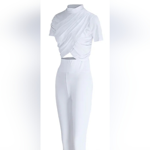 White Solid Split Joint O Neck Short Sleeve Two Pieces - Picture 2 of 4